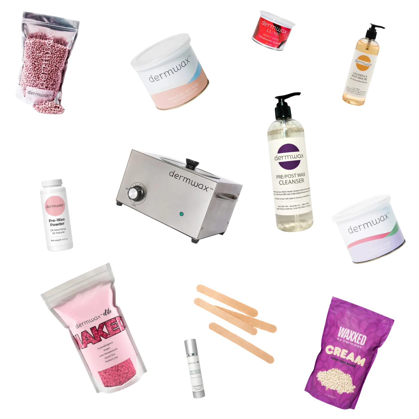 Dermwax wax beads, soft wax tins, warmer, applicators and pre and post care products floating in the air